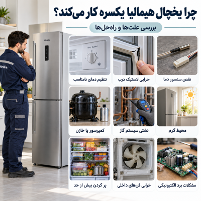 یکسره کار کردن یخچال هیمالیا, علت کار مداوم کمپرسور, تنظیم دمای یخچال, خرابی لاستیک درب, بررسی سنسور دما, تعمیر یخچال هیمالیا, کمپرسور یخچال, لاستیک درب یخچال, سنسور دمای یخچال
