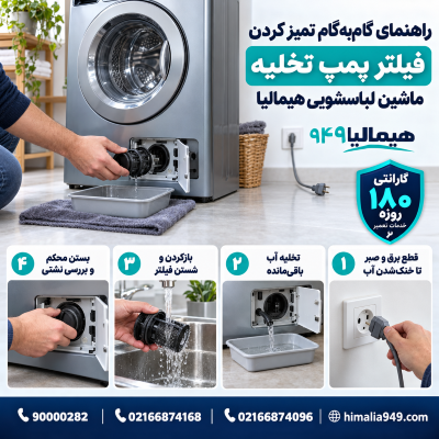 تمیز کردن فیلتر لباسشویی هیمالیا, محل فیلتر پمپ تخلیه, گرفتگی فیلتر لباسشویی, تخلیه آب اضطراری, سرویس لباسشویی
