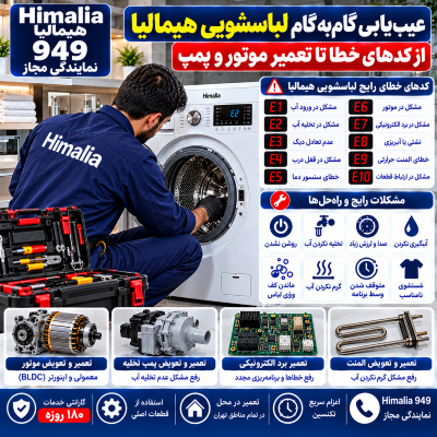 عیب‌یابی لباسشویی هیمالیا, راهنمای تعمیر لباسشویی, مشکلات پمپ و موتور لباسشویی, کدهای خطای لباسشویی, تعمیر لباسشویی هیمالیا, خطای E1 لباسشویی, تخلیه نشدن آب لباسشویی, صدای موتور لباسشویی