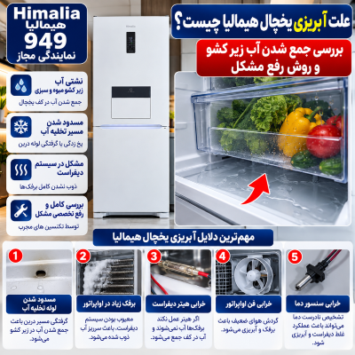 علت آبریزی یخچال هیمالیا،آب زیر جامیوه‌ای یخچال هیمالیا، گرفتگی لوله تخلیه یخچال هیمالیا، خرابی المنت دیفراست
