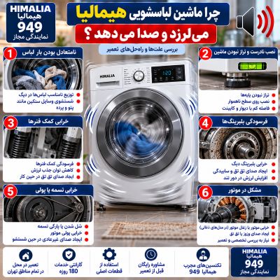 لرزش لباسشویی هیمالیا, تراز کردن لباسشویی هیمالیا, صدای غیرعادی لباسشویی, تعویض بلبرینگ لباسشویی هیمالیا, کمک فنر لباسشویی, تعمیر لباسشویی هیمالیا